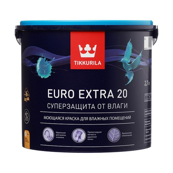 Краска водно-дисперсионная Tikkurila Euro Extra 20 моющаяся белая основа А 2,7 л