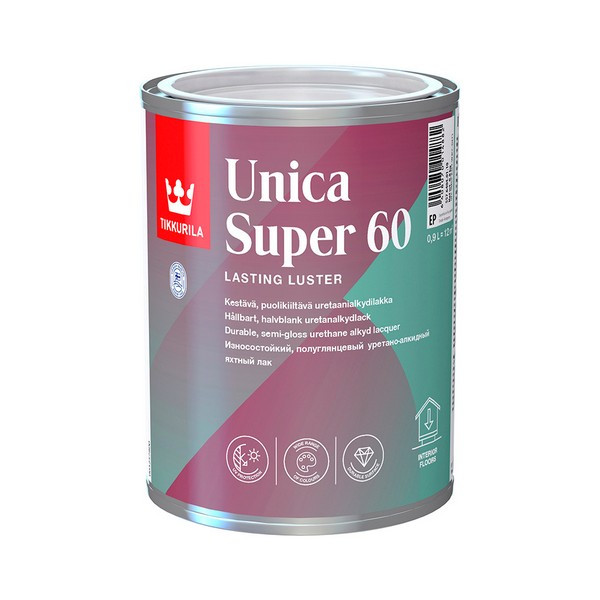 Лак алкидно-уретановый яхтный Tikkurila Unica Super 60 основа EP бесцветный 0,9 л полуглянцевый