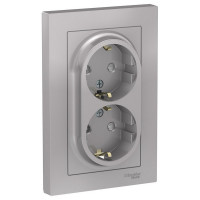 Розетка с рамкой Schneider Electric Atlas Design ATN000326 двойная скрытая установка алюминий с заземлением со шторками