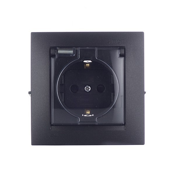 Розетка с рамкой Simon 15 1590450-038 скрытая установка графит с заземлением IP44 со шторками с крышкой