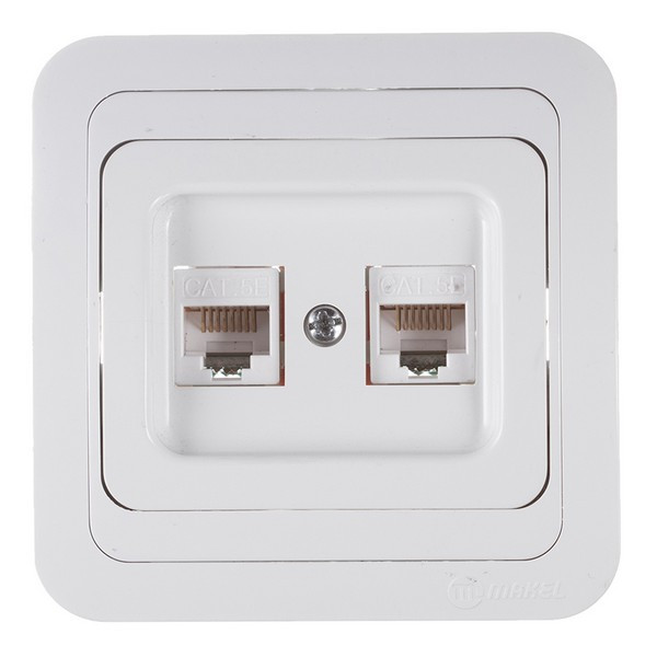 Розетка компьютерная с рамкой Makel Mimoza 12036 скрытая установка белая два модуля RJ45 cat 5e