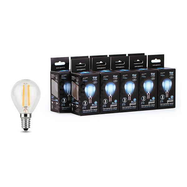 Лампа светодиодная Gauss Filament 9 Вт E14 филаментная шар 4100К естественный белый свет 150-265 В прозрачная (10 шт.)