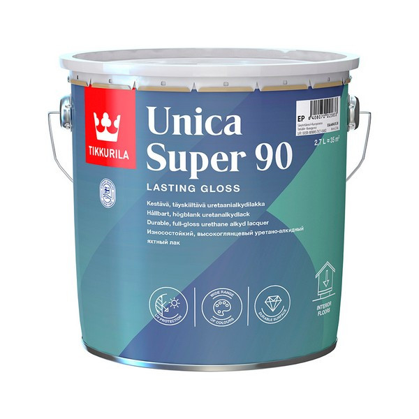 Лак алкидно-уретановый яхтный Tikkurila Unica Super 90 основа EP бесцветный 2,7 л высокоглянцевый