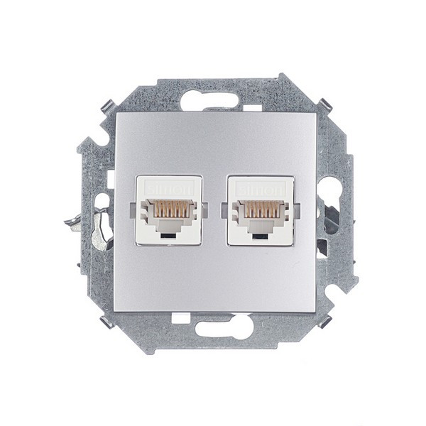 Розетка компьютерная Simon 15 1591593-033 скрытая установка алюминий два модуля RJ45 cat 5e