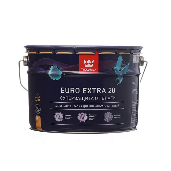Краска водно-дисперсионная Tikkurila Euro Extra 20 моющаяся белая основа А 9 л