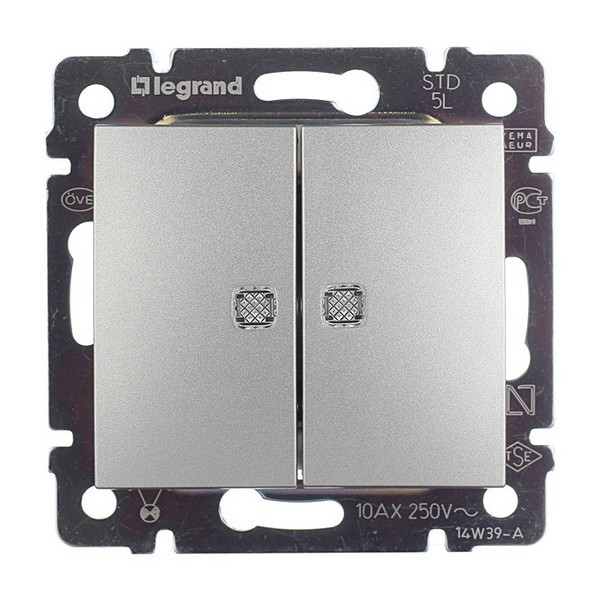 Выключатель Legrand Valena 694344 двухклавишный скрытая установка алюминий с подсветкой